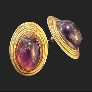 Authentic Vintage Oval Earrings Gold Tone Purple Centers